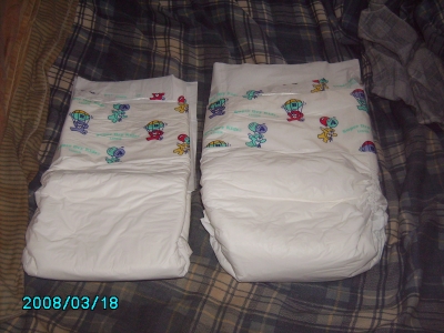 abu diapers
front view of two abu diapers...the one on the left is normal the one on the right is stuffed with a generic cvs diaper
