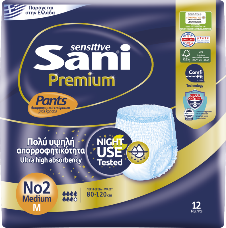 Sani Sensitive Premium Adult Incontinence Pull-Up Pants - No2 - M - Ultra High Absorbency - 80-120cm - 12pcs
