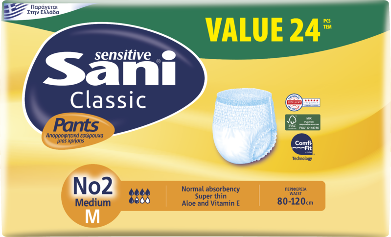 Sani Sensitive Classic Adult Incontinence Pull-Up Pants No2 - M - Normal Absorbency - Value Pack - 24pcs
