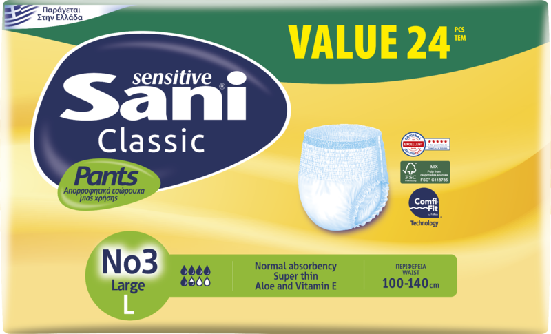 Sani Sensitive Classic Adult Incontinence Pull-Up Pants No3 - L - Normal Absorbency - Value Pack - 24pcs
