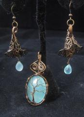 Aqua Blue Chalcedony Tree of Life Pendant with Matching Earrings
