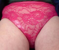 front view of my pink panties over cloth and plastic