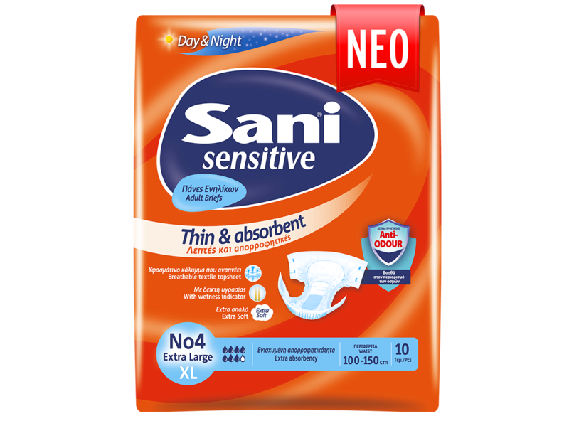 Sani Sensitive Briefs - Thin & Absorbent with Wetness Indicators & Fresh Scent - No4 XL - 10pcs
