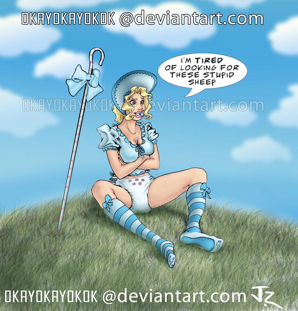 OkayOkayOkOk
Okayokayokok is an artist on DeviantArt.com that does special commissions of cartoons and comics.  Google okayokayokok
Keywords: okayokayokok diaper art little bo peep