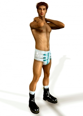 Black Boots, Disposable Diaper
Image was created in the Poser 6 program.  I'm still learning the program and I hope to be able to create more interesting and intricate images in the future.
Keywords: diaper, boots, sock, gay, men, man