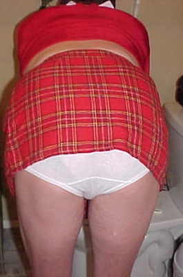 Sissy School Girl Diapered & Pantied
Sissy Kimberly Bendingover the Toliet in Her School Girl Skirt Top Bra panties and Wet Pullup Diaper
